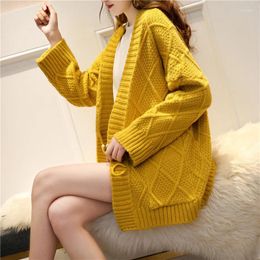 Women's Knits Spring Korean Knitting Sweater Women Loose Mid Long Cardigan Jumpers Ladies 4 Colour Big Pocket Sleeve Knitted Jacket Female