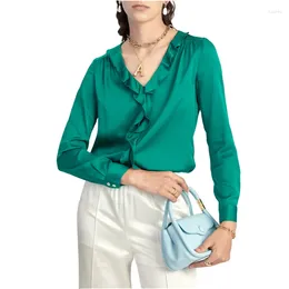 Women's Blouses Elegant Green Ruffles Collar Shirts Women Spring Autumn Long Sleeve Silk Satin Female Fashion Shirt Pullover Tops