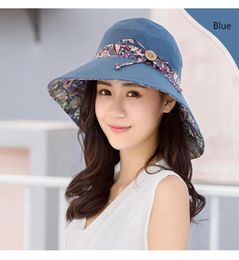 Women Fashion Foldable Beach Hat With Bowknot Summer Wide Brim Print Floral Cap UV Protection Sun Hats2676999
