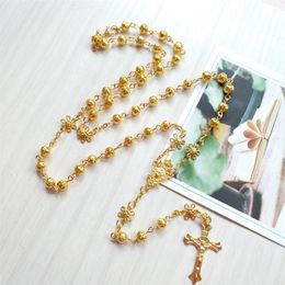 Pendant Necklaces Religious Gold Rosary Necklace Flower Hollow Prayer Beads Chain Catholic Crucifix Cross Church Baptism Jewelry H231C