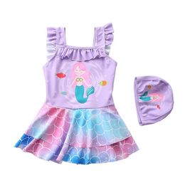 set Cartoon Kids Toddler Sling Swimwear with Swimming Cap for Children Rash UV Guard Girls Ruffles Swimsuit Summer Two Pieces