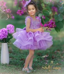 Girl Dresses Lavender Ball Gown Flower Feathers Tiered Ruffles Kids Birthday Gowns Bows Little Poshoot Pageant