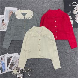Designer Knitted Cardigan Doll Collar Women Winter Knitwear Embroidered Casual Long Sleeve Girl Coat