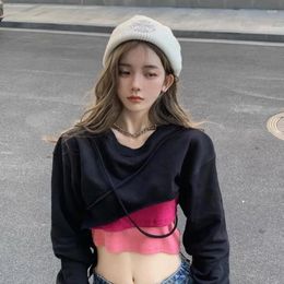 Women's Hoodies Hikigawa Early Autumn Korean Women Vintage Irregular Streetwear Y2k Sweatshirts Chic Fashion Solid All Match Cropped Tops