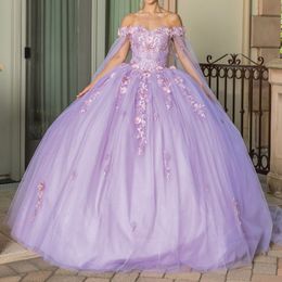Sparkly Lavender Off The Shoulder Quinceanera Dresses Applique Lace Tull With Cape Ball Gown Princess Dress vestidos 15 de quinceanera