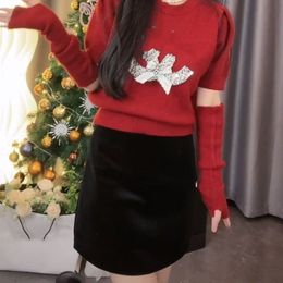 Women's New Year Christmas red o-neck cute knitted sweater beading logo pattern jumpers