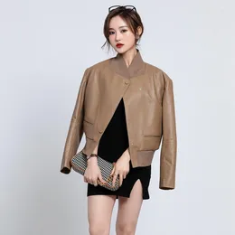 Women's Leather 2023 Jacket Spring And Autumn Casual Sheepskin Short Double Breasted Slim Biker Genuine Jack