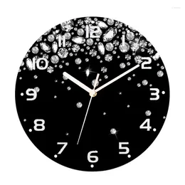 Wall Clocks Black Glitter Jewellery Falling Gems Sparkle Shiny Diamond Print Clock Living Room Big Round Hanging Silent Decor