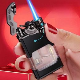 Portable Metal Rocker Ignition Butane No Gas Turbo Lighter Outdoor Windproof Blue Flame Straight Jet Cigar Lighter Men's Gifts