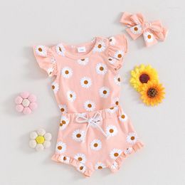 Clothing Sets Daisy Baby Clothes Girl Ruffle Sleeve Romper Elastic Shorts Headband Set Infant Summer Outfits