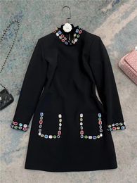 Casual Dresses Luxury Style Autumn Winter Fashion Hand Sewn Colourful Rhinestone Slim Dress Women's Long Sleeve Black