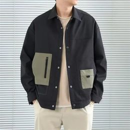 Men's Colorblock Pockets Button Bomber Jackets Autumn American Retro Baseball Uniform Black Loose Tops Male Lapel Frock Coat 231226