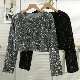 Women's T Shirts Black Grey Women Autumn Sequins O-Neck Long-sleeved Tee Temperament Young Lady Sweet Short Crop Top Female Y2k