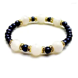 Strand Qingmos Fashion 6-7mm Round Natural Black Pearl Bracelet For Women With White 12mm Moonstone Stone Jewelry 7.5''