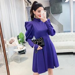 Casual Dresses YUZACDWX Elegant For Female Turtleneck Puff Long Sleeve High Waist Ruffles Slim Women's Dress 2024 Fashion Clothing