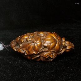 Decorative Figurines Old Chinese Boxwood Hand Carved Lotus Leaf Frog Figure Statue Netsuke Decoration Gift Collection Size 7.6 CM