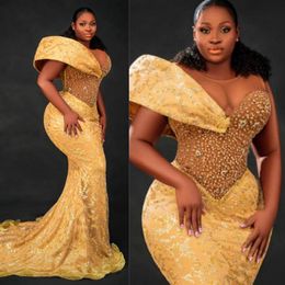 Plus Size Aso Ebi Prom Dresses for Special Occasions Gold Mermaid Sheer Neck Beaded Shine Evening Formal Dresses Birthday Party Gowns Engagement Gala Gown ST712