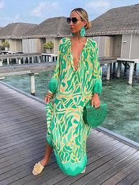 Casual Dresses Women Boho Maxi Dress 2023 Summer Bikini Cover Up Beach Long Elegant V-Neck Print Sleeve Loose Robe Vestidos