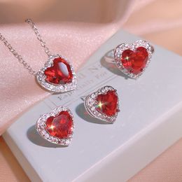 Natural Pomegranate Luxury Love Heart Designer Rings Earrings Necklaces Jewellery Set for Women Japan Korea Handmade Red Crystal Chinese Lovely Ring Gift