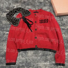 Letter Women Knitted Cardigan Jacket Red New Year Holiday Spring Party Sweaters Tops Button Cropped Elegant Lace Neck Design Sweater