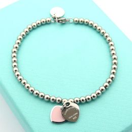 Silver Colour Women Designer Bangles Double Heart Pendant Stainless Steel Luxury Ball Bead Heart Bracelet289U