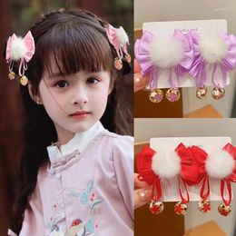 Hair Accessories 2PCS Cute Ancient Style Fur Ball Tassel Bell Pendant Bow Clips Gilr Hairpins Barrettes For Kid Headdress