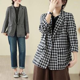 Women's Suits S-XXL Women Blazer Jacket Cotton Linen Plaid Retro Vintage Loose Spring Summer Autumn Casual Office Work Check Black White