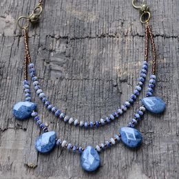 Necklaces Blue Jaspers Teardrop Pendant Choker Necklace Women Natural Stone Handmade Multilayers Necklace Boho Jewellery