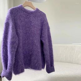 Women's Sweaters High Quality Purple Soft Mohair Knitted Sweater Lazy Chic Autumn Winter Women O Neck Thick Warm Oversize Loose Pullover