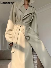 Lautaro Spring Autumn Long Faux Leather Trench Coat for Women Belt Double Breasted Luxury Elegant Fashion 231227