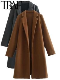 Women's Wool Blends TRAF 2023 Camel Colour Autumn Women Overcoat Long Sleeve Loose Jacket Vintage Trench Coat Female Outwear Warm Y2K Old Money Style J231227