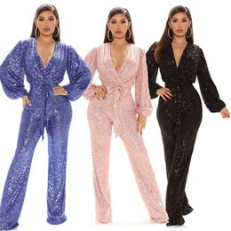 Women's long sleeved jumpsuit deep V-neck sequins ultra-thin solid Colour jumpsuit long sleeves elastic casual wide leg pants 231227