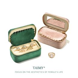 TAIMY Velvet Jewelry Ring Box Tiny Portable Travel Jewelry Box Mini Mirror Jewellery Boxes Personalized Gift Support Custom 231227