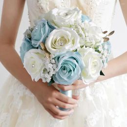 Wreaths Decorative Flowers Holding Artificial Natural Rose Wedding Bouquet With Silk Satin Ribbon Pink White Blue Bridesmaid Bridal Party