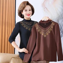 Women's T Shirts Elegant Half High Collar Diamonds T-shirt Clothing 2023 Autumn Winter Office Lady Tops Lace Hollow Out