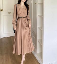 Casual Dresses With Belt V Collar Long Sleeve French Dress Women 2023 Spring And Autumn Korean Fashion Temperament Relaxed-fit