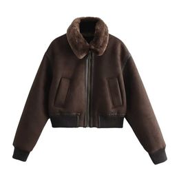 Women's Leather Faux Leather UNIZERA 2023 Autumn/Winter New Women's Wear New Fashion Casual Polo Neck Short Fur One Piece Double sided Jacket Coat J231227