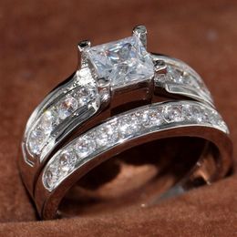 US size 5 6 7 8 9 10 Jewelry 925 Sterling Silver filled white topaz CZ Diamond Princess cut Women wedding Bridal ring Set for love2961