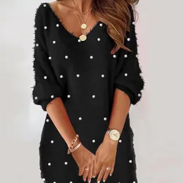 Casual Dresses 2024 Autumn Winter Women's Solid Color Foam Three-Quarter Sleeve V-neck Plush Dress