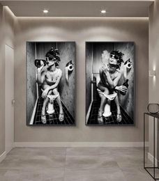 Nordic Canvas Art Posters And Prints Sexy Girl Sit in a Toilet Black and White Woman Smoke and Drink in Restroom Picture Poster3880374