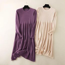 Casual Dresses Mid Length O Neck Woollen Dress Over-Knee 2023 Bottoming Loose Plus Size Knitting Long Solid Skirt Autumn And Winter