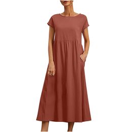 Summer Vintage Style Women Casual Plus size Dresses Female O-neck Solid Colour Comfortable Knee-Length with Pockets