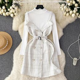 Work Dresses Women Vintage Knit Two Pieces Skirt Sets Long Sleeve Double Breasted Slip Dress With Sweater