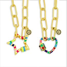 Pave Screw Clasp Necklaces For Women Boho Jewerly Star Heart Carabiner Pendant Necklace Geometric Link Chain Collar Arcoiris263e