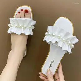 Slippers Women Slides Faux Pearl Decor Ruffle Trim Sandals Open Toe Wear-resistant Flat 2023 Summer Sandy Beach