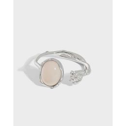 Band Rings 406insS925 Sterling Silver Outlier Irregular Design Texture Inlaid with Agate Stone Flower Buds and Vine Branch Opening Ring for Women