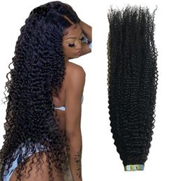 Afro Kinky Curly Tape In Human Hair Extensions 40 pcs Natural Colour Skin Weft For Women Mongolian Remy Hairs1168564