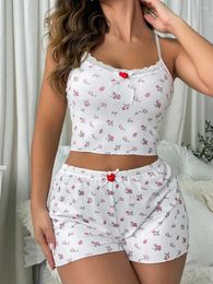 Women's Tracksuits 2000s Retro Kawaii Girl Outfits Y2K Floral Print Lace Trim V Neck Camis Crop Tops Shorts Pajamas Women 2 Piece Set