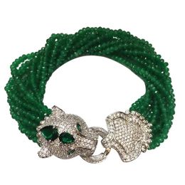 Bangle Handmade leopard head micro inlay zircon clasp green stone multirows bracelet gift box packing