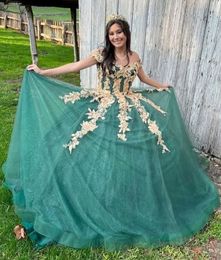 Quinceanera Dresses Dark Green Party Prom Ball Gown Off-Shoulder Sleeveless Tulle Custom Zipper Lace Up Plus Size New Gold Applique